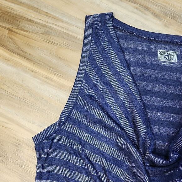 🔺️Converse Blue & Metallic Silver Striped Cowl Neck Sleeveless Top Large - Picture 4 of 9